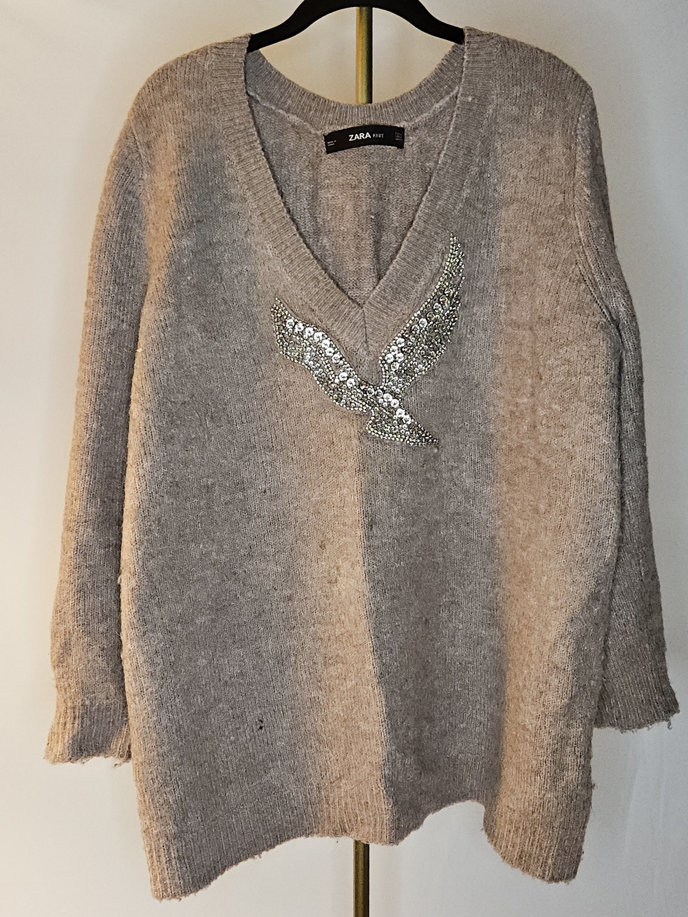 Zara Oversized Knit V-Neck Sweater Rhinestone Bird Applique